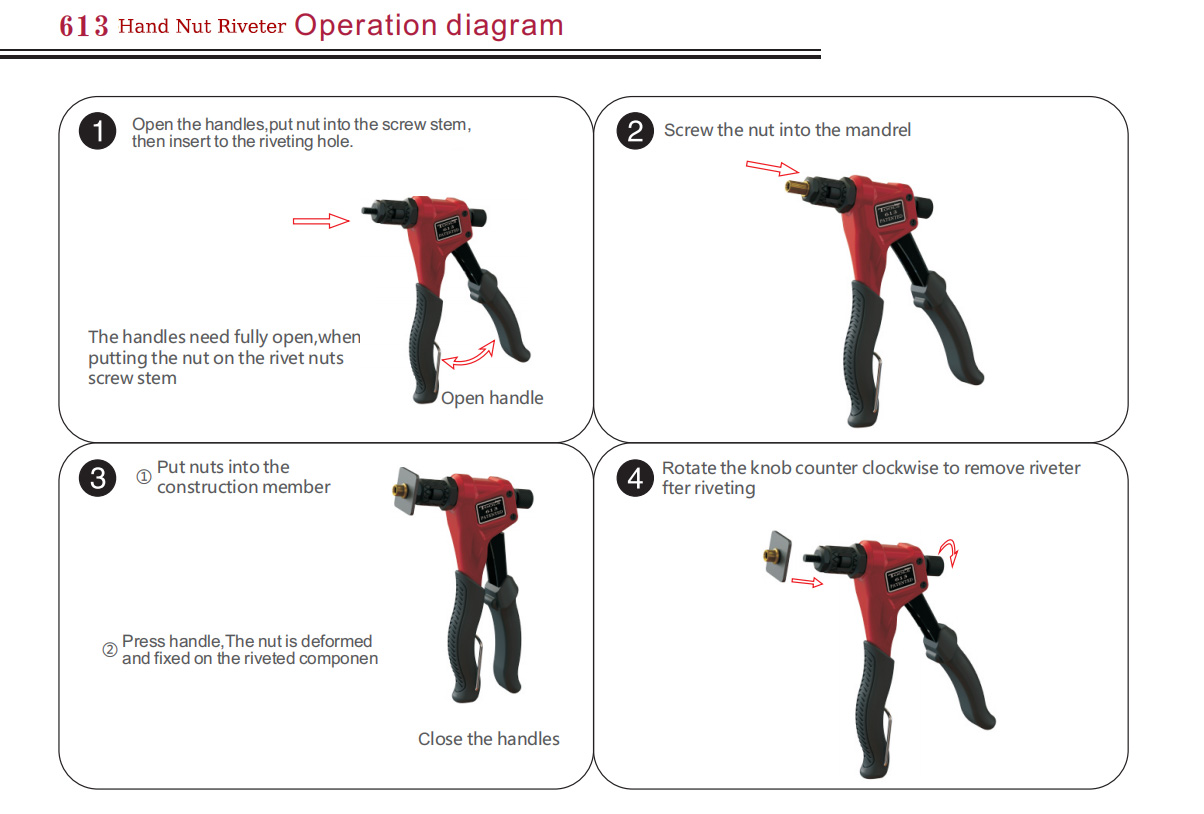 8 inch Single hand nut riveter - 613 - Operation diagram